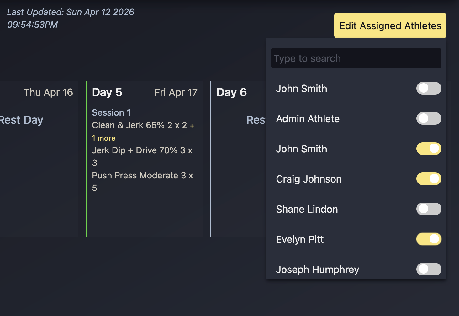 Coach assigning a program template to multiple athletes