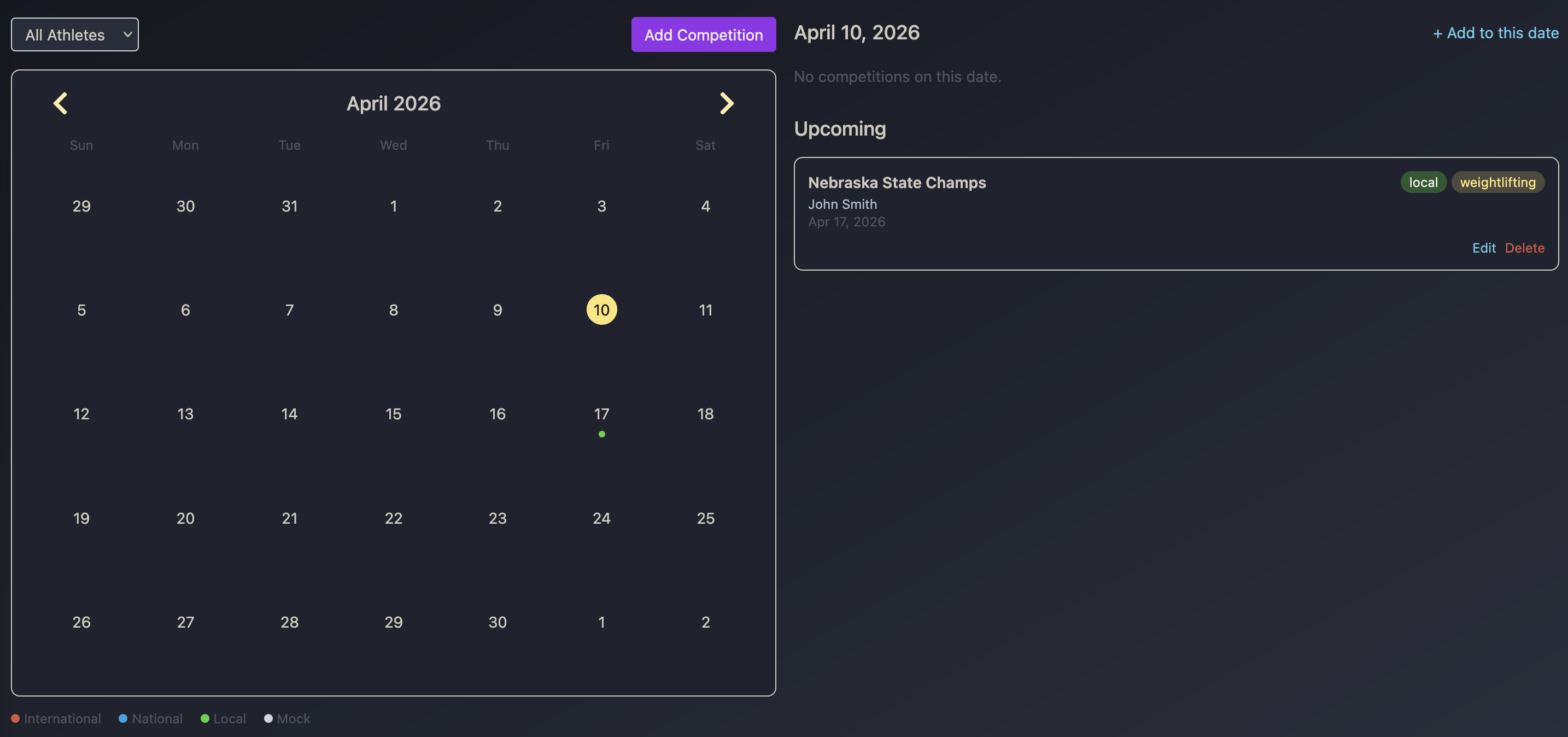 Competition calendar with multiple athletes